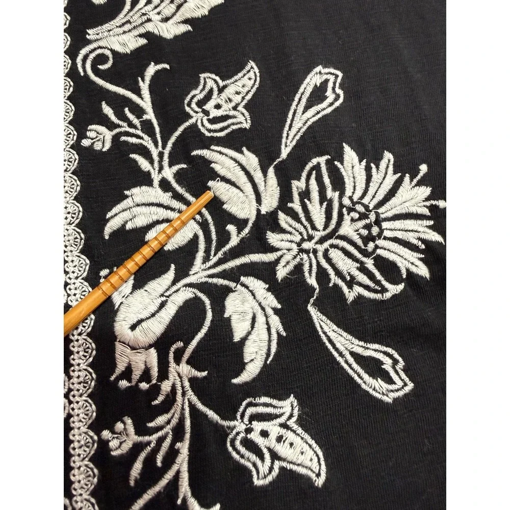 JM Collection Embroidered Top Women L Black White Floral V-Neck 3/4 Sleeve Boho - Picture 9 of 11